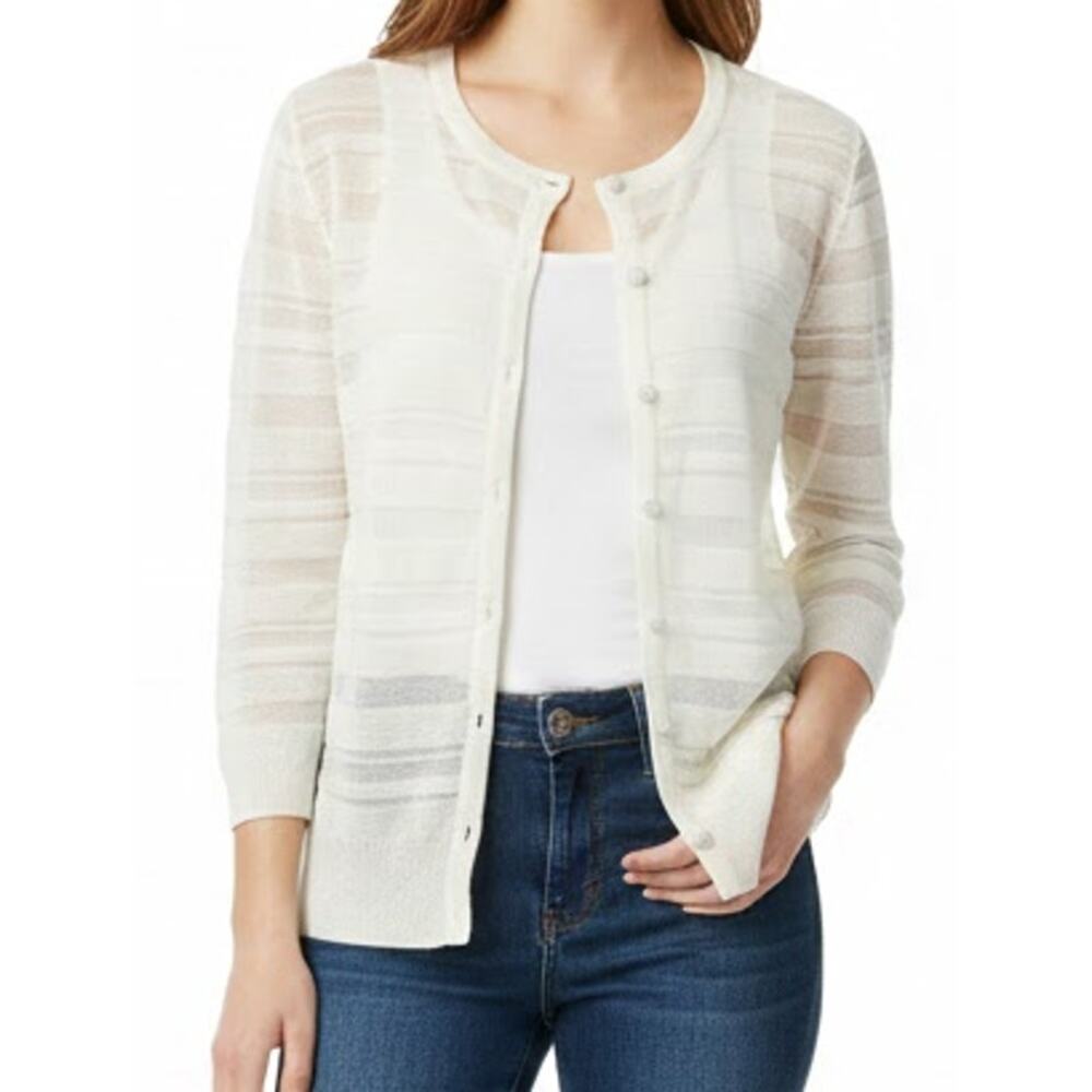 New York and Company Cream Sheer Knit Button Cardigan 3/4 Sleeve Sweater size M